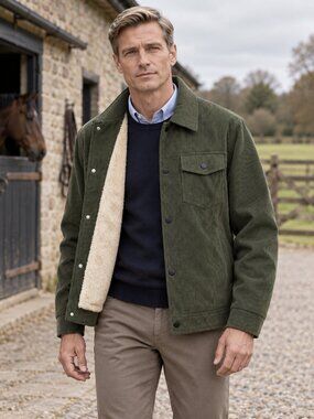 Men’s Army Green Corduroy Lined Jacket Collared Utility Preppy Coat
